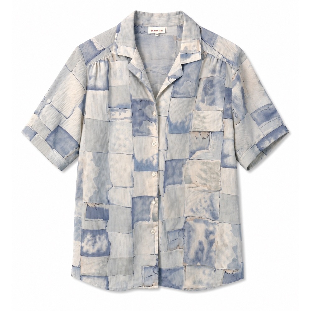 Alia Button Down Shirt Womens 14 Blue Abstract Patchwork Polyester Plisse Vtg